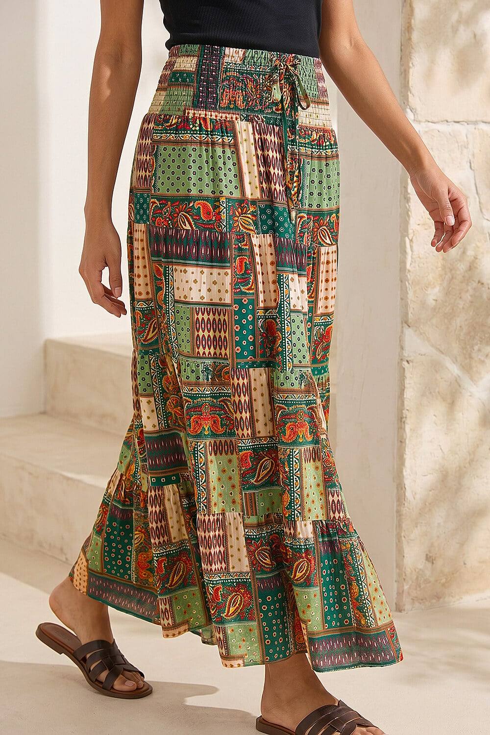 Roman Tile Print Shirred Maxi Skirt In Khaki
