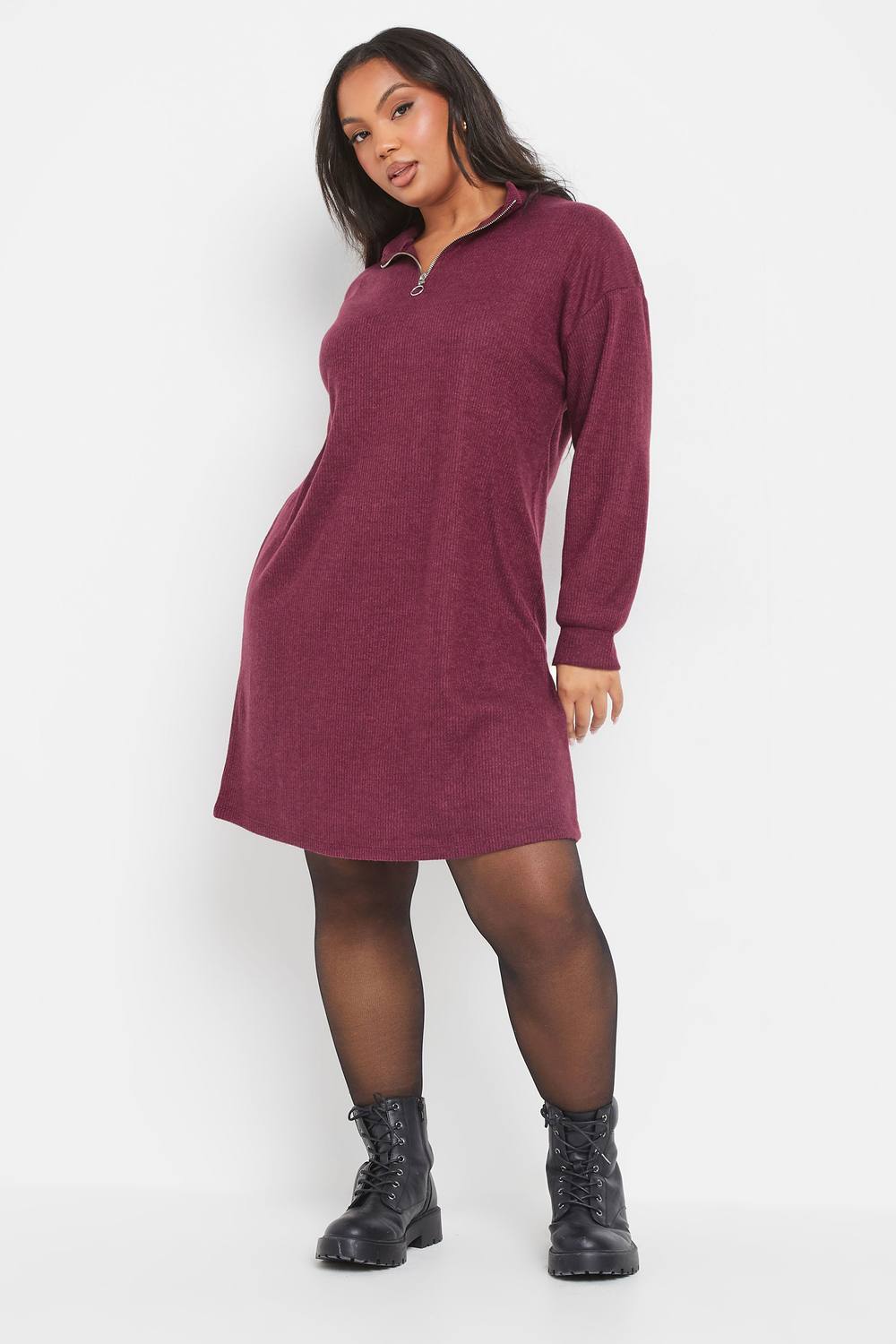 Yours Zip Neck Ribbed Jumper Dress In Dark Pink