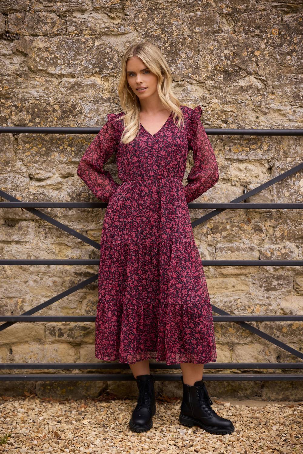 M&co Petite Floral Chiffon Midi Dress In Red