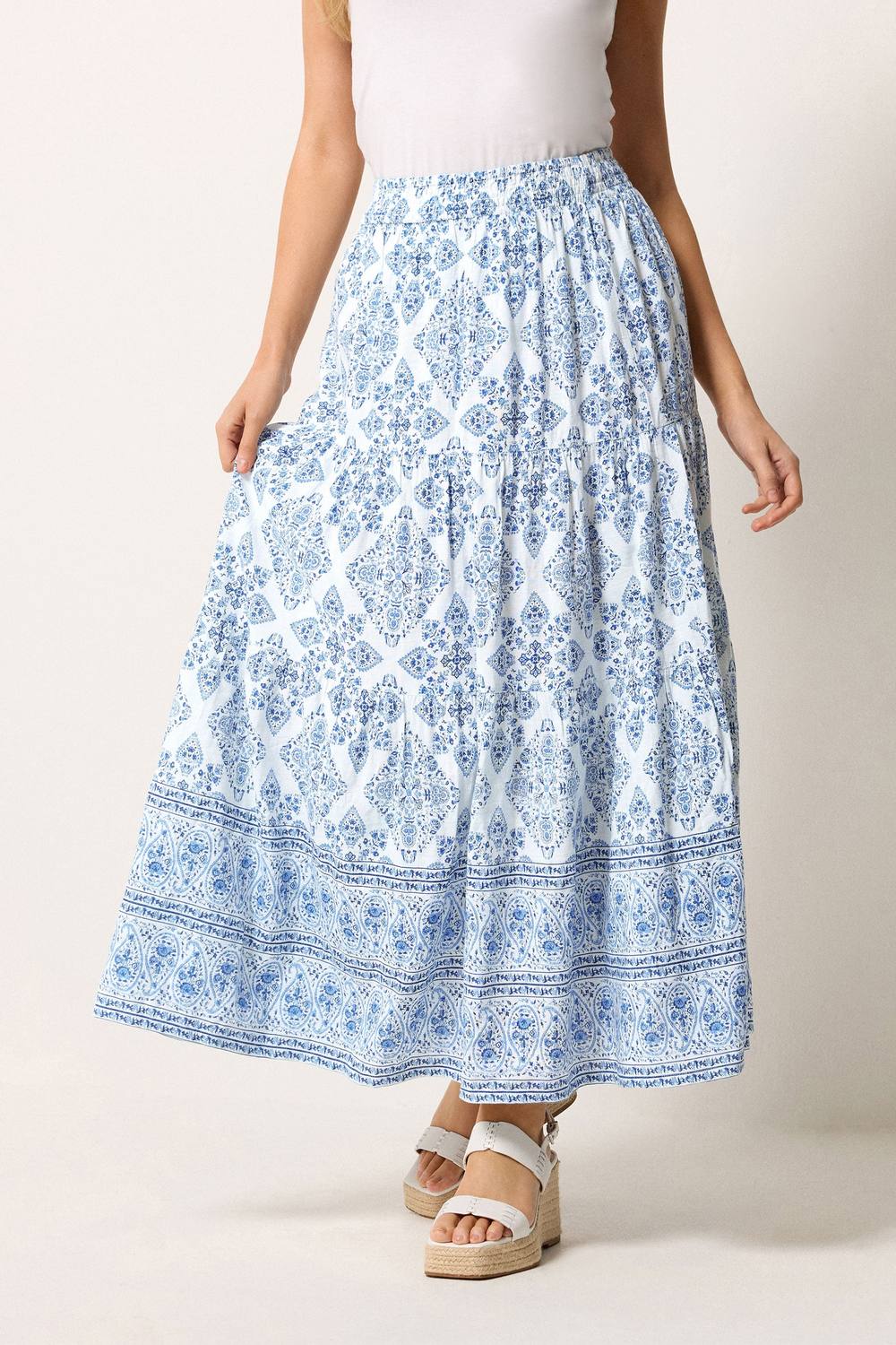 M&co Printed Tiered Maxi Skirt In Light Blue