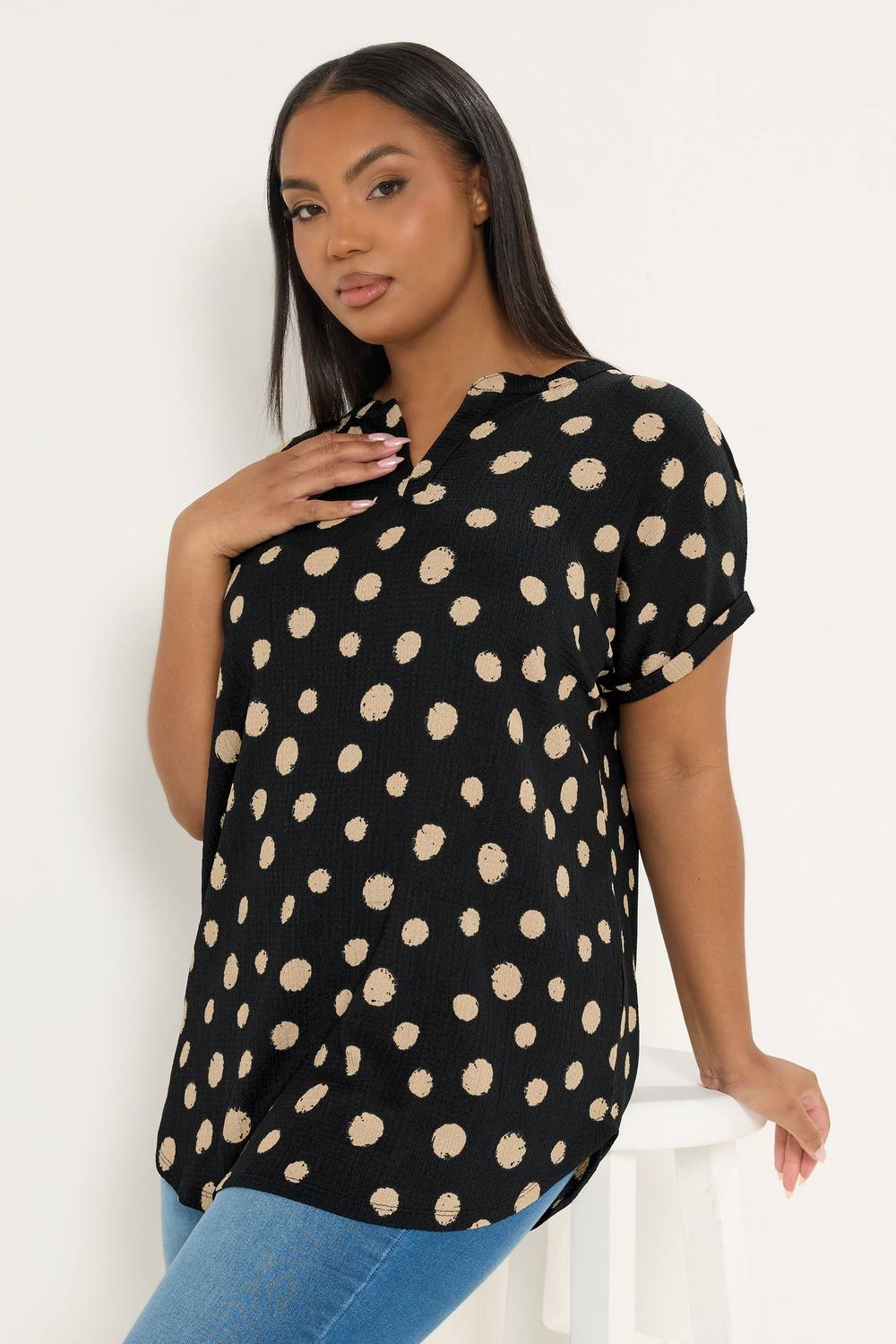 Yours Polka Dot Notch Neck Top In Black