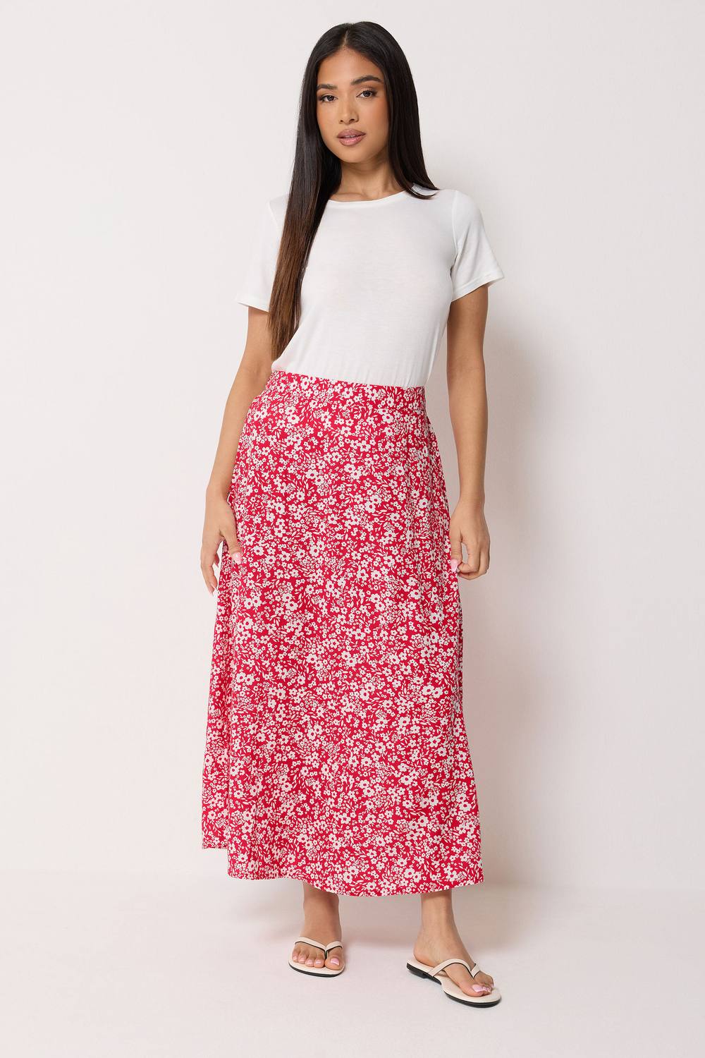 M&co Petite Ditsy Floral Maxi Skirt In Red