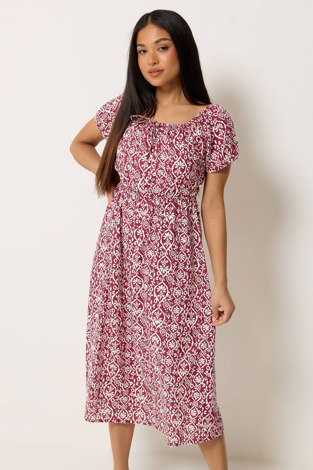 M&co Petite Printed Tie Neck Midi Dress In Dark Red