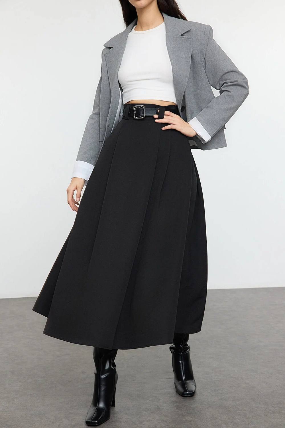 Wovcor High-Waist Pleated Maxi A-Line Woven Skirt In Black