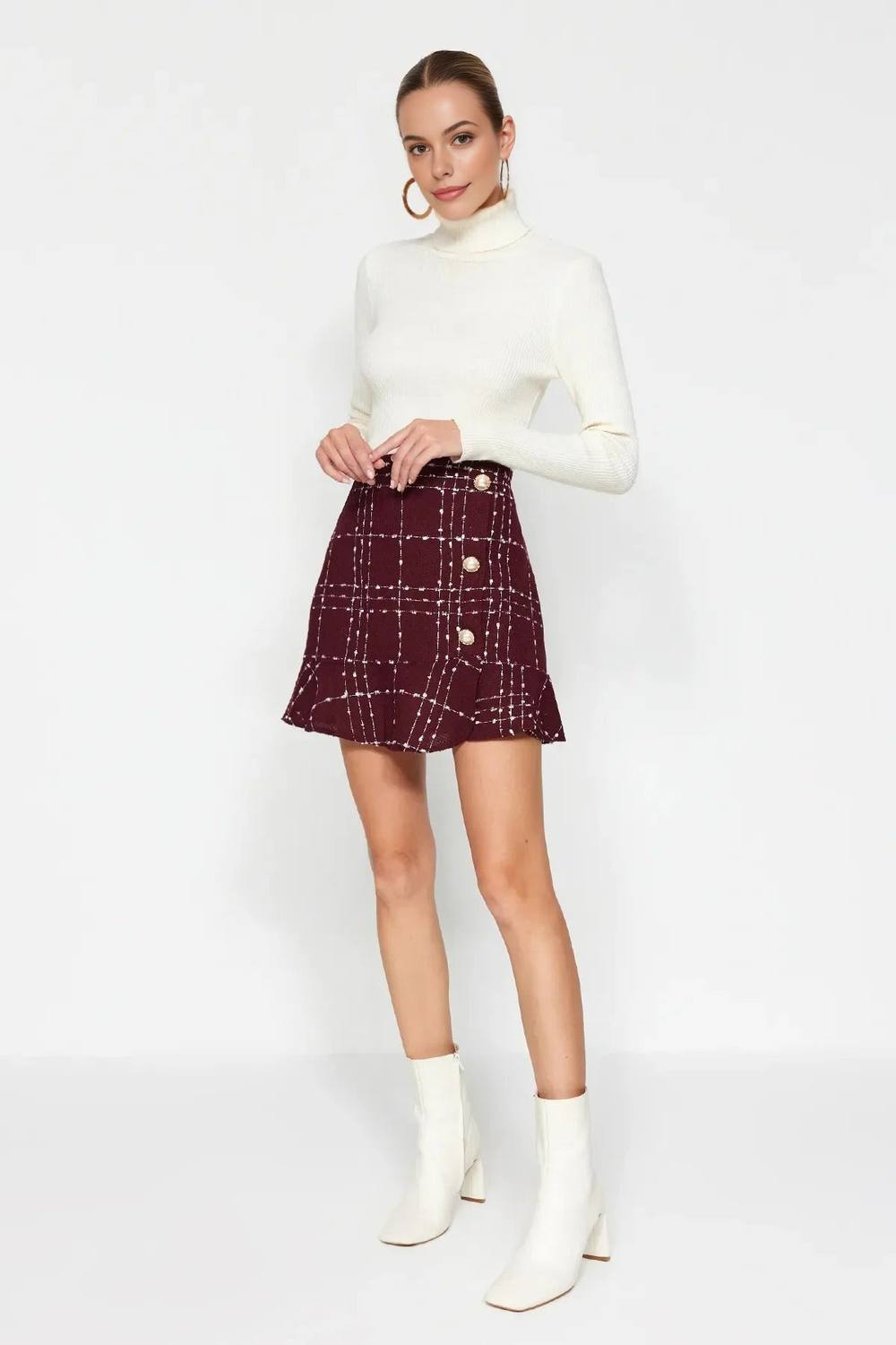 Wovcor Tweed Mini Skirt With Button And Flounce Hem Detail In Burgundy