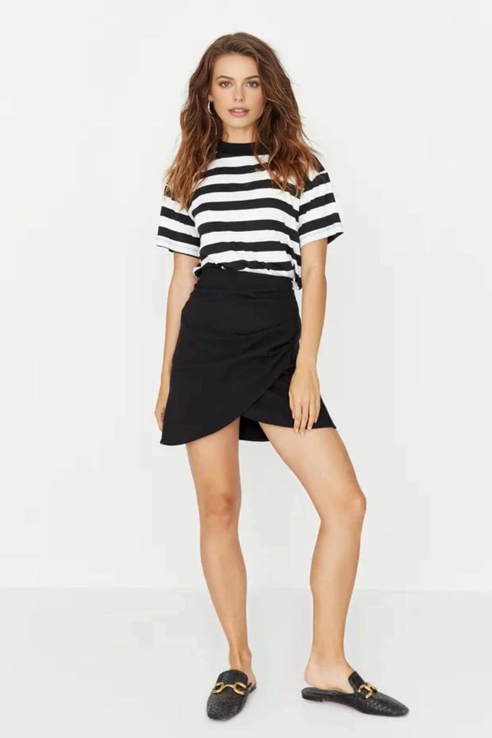 Wovcor High Waist Asymmetric Wrap Mini Skirt With Draped Front Detail In Black