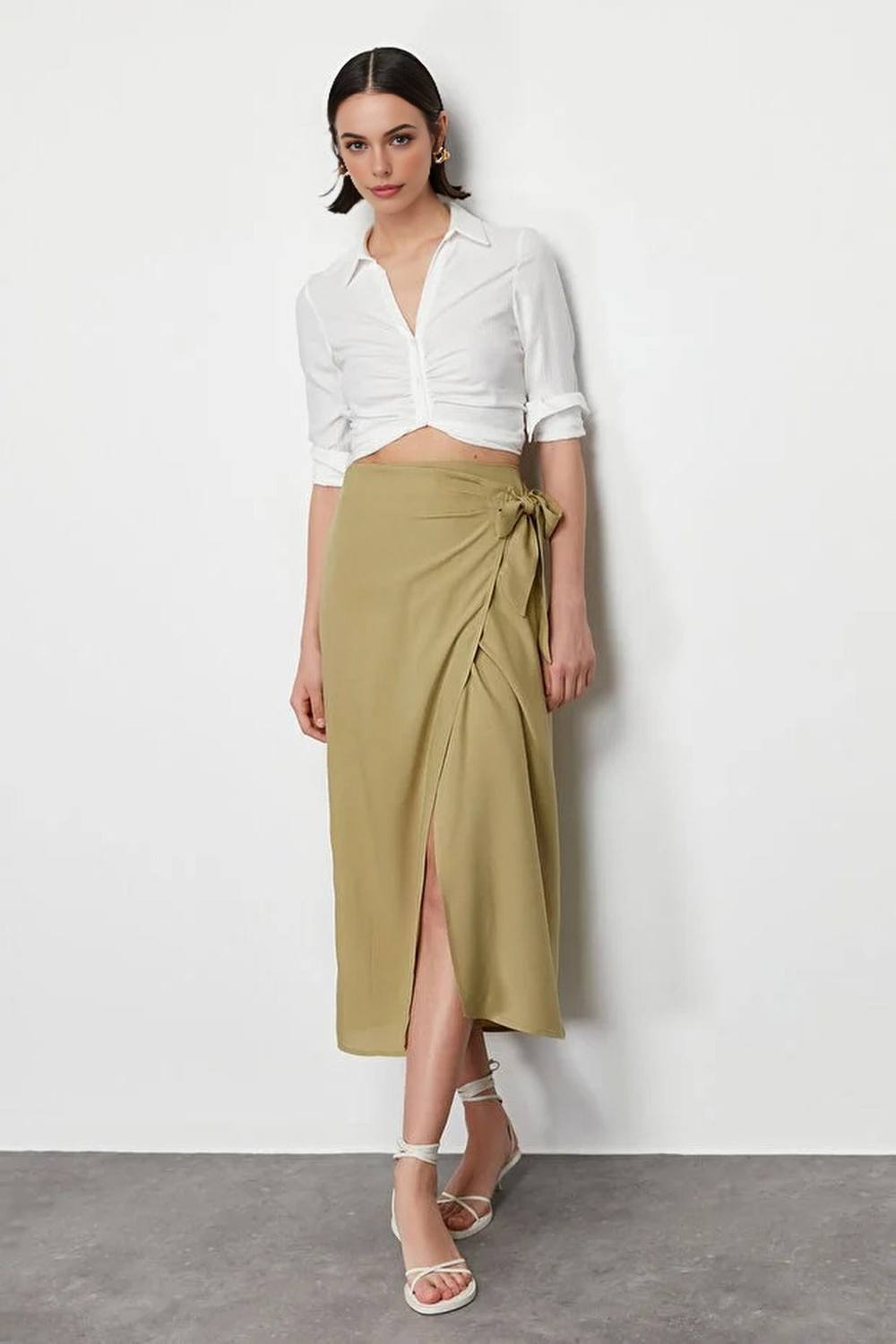 Wovcor Wrap Midi Woven Skirt With Tie Detail In Khaki