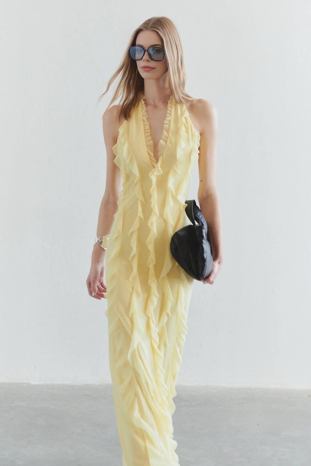 Wovcor Tulle Ruffled Lined Halter Neck Maxi Evening Dress In Yellow