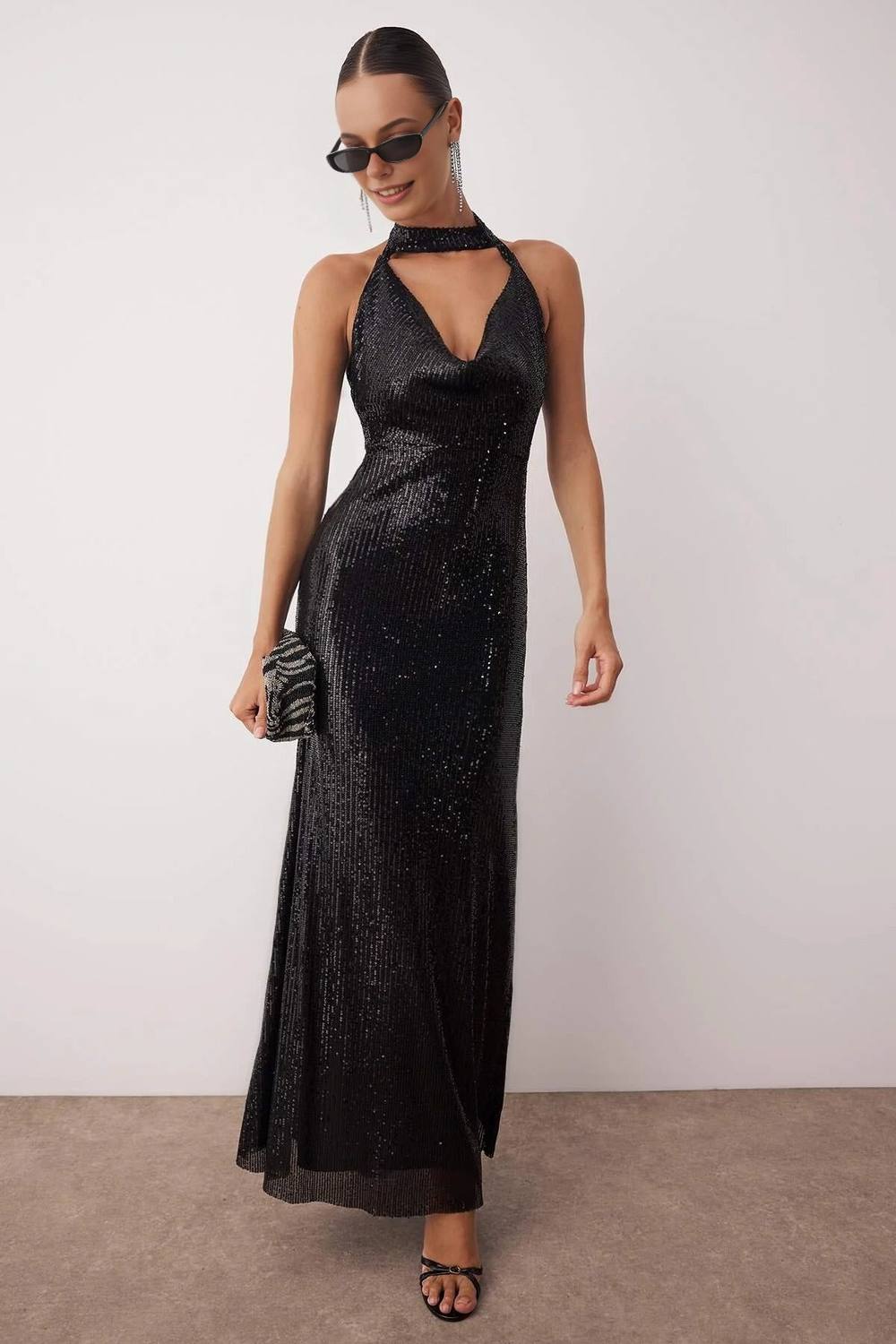 Wovcor Sequin Cowl Halterneck Maxi Dress In Black