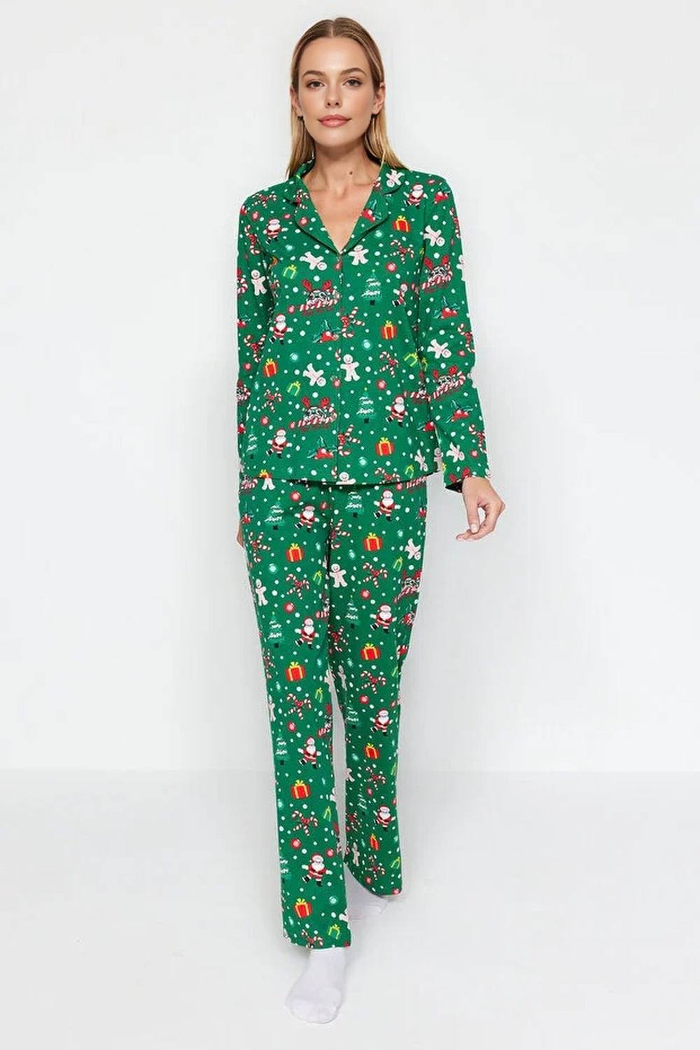 Wovcor Reindeer Print Long Sleeve Top & Wide Leg Lounge Pyjama Set In Green