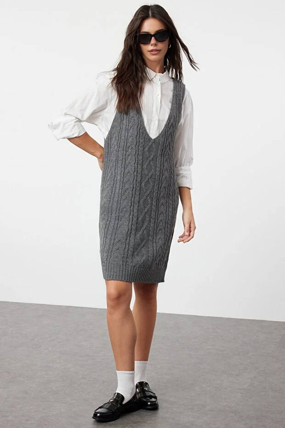 Wovcor Cable Knit Mini Vest Dress With V Neck In Dark Grey