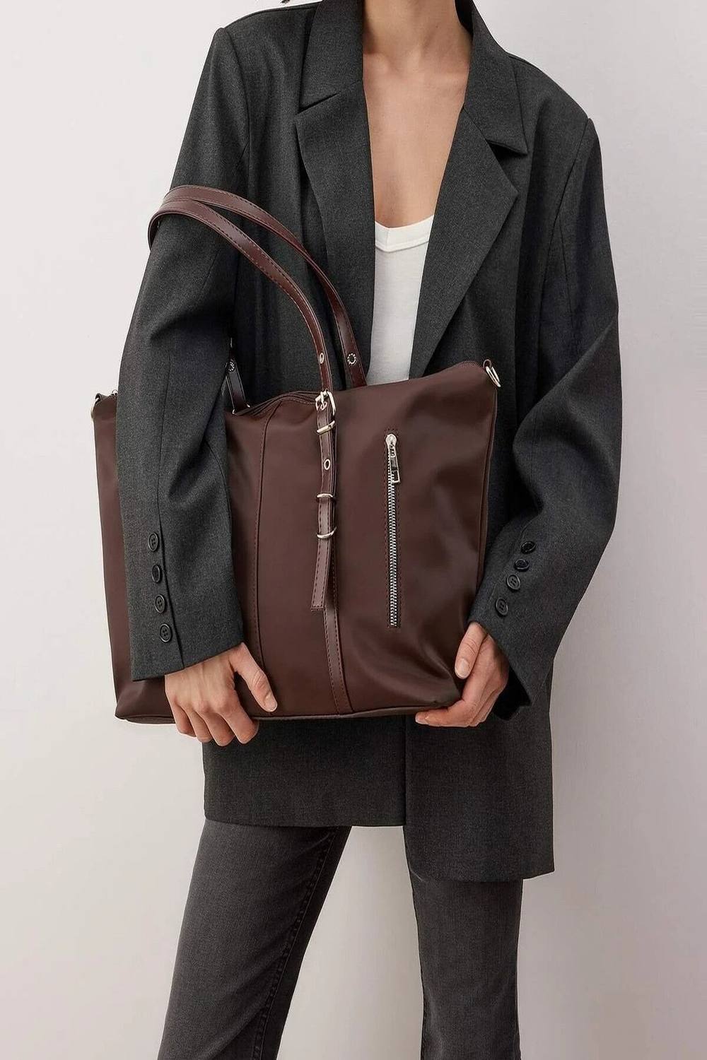 Wovcor Women's Double Strap Zip Detail Tote Shoulder Bag In Brown