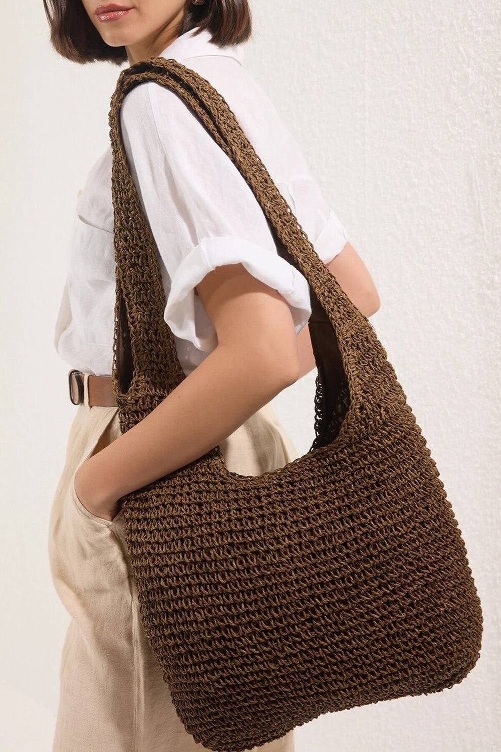 Wovcor Crochet Straw Slouchy Shoulder Bag In Brown