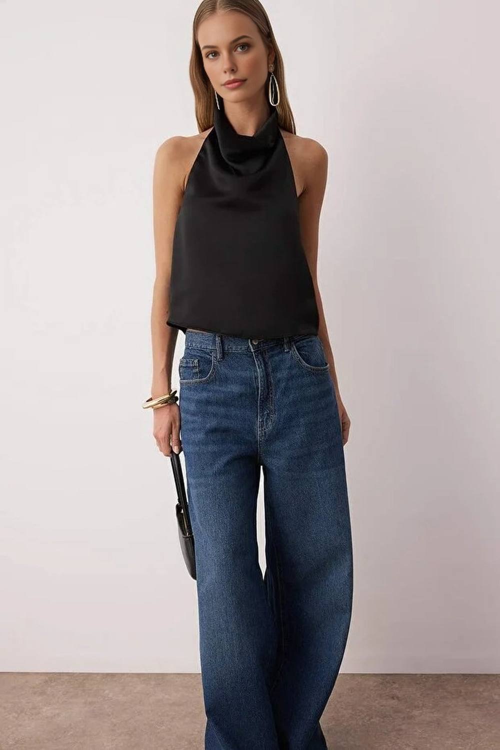 Wovcor Satin Cowl Neck Halterneck Top In Black