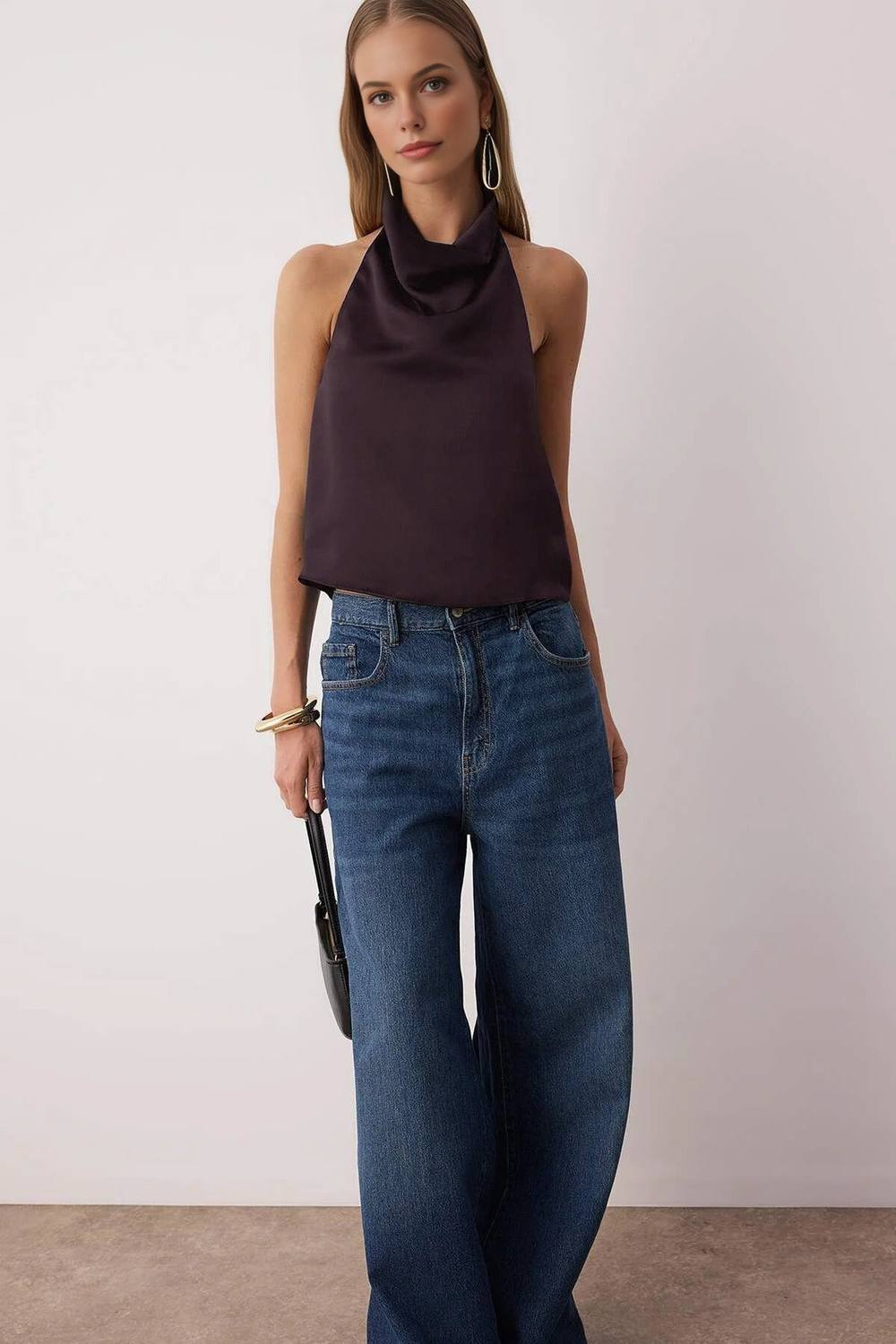 Wovcor Satin Cowl Neck Halterneck Top In Dark Brown