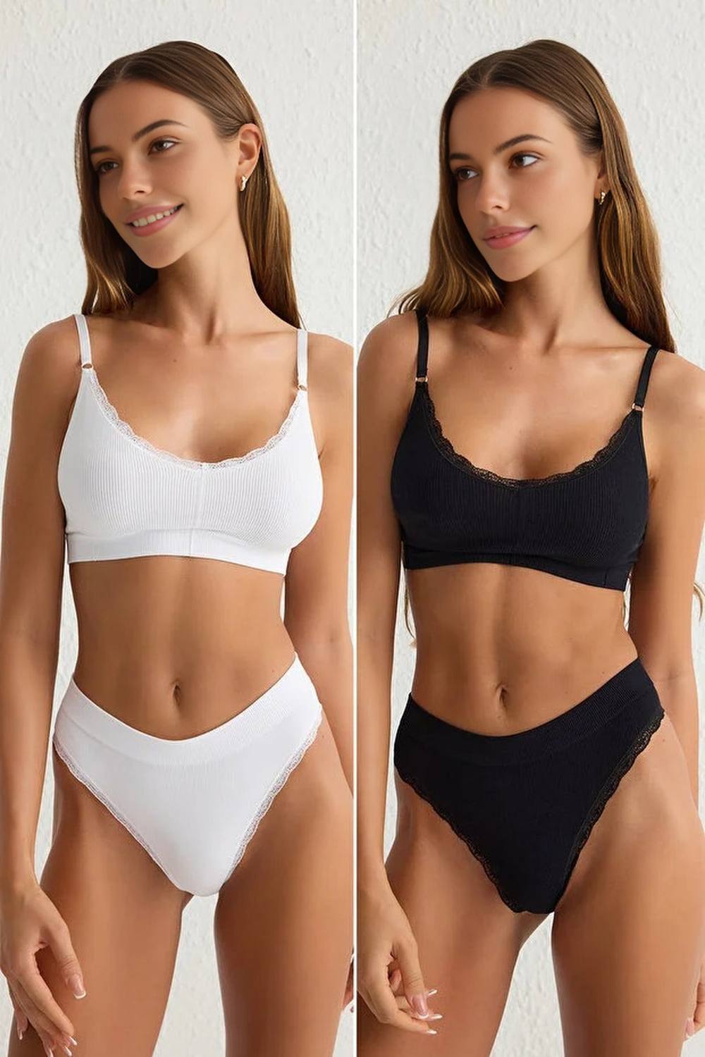 Wovcor Pack Ribbed Lace Trim Knitted Lingerie Set