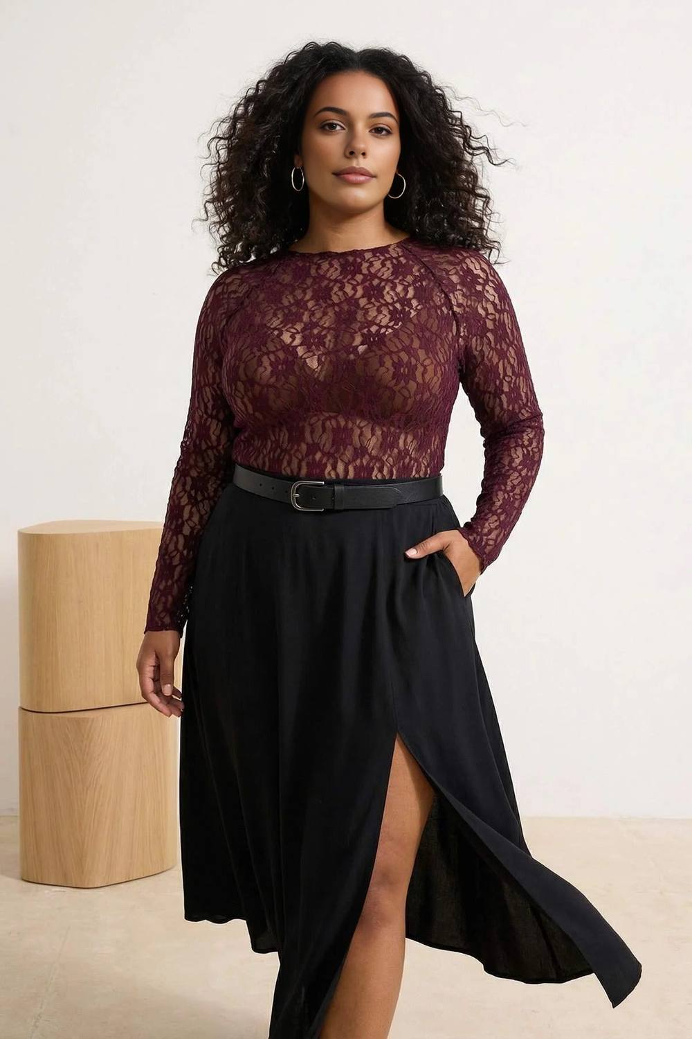 Wovcor Sheer Lace Long Sleeve Fitted Top In Plum