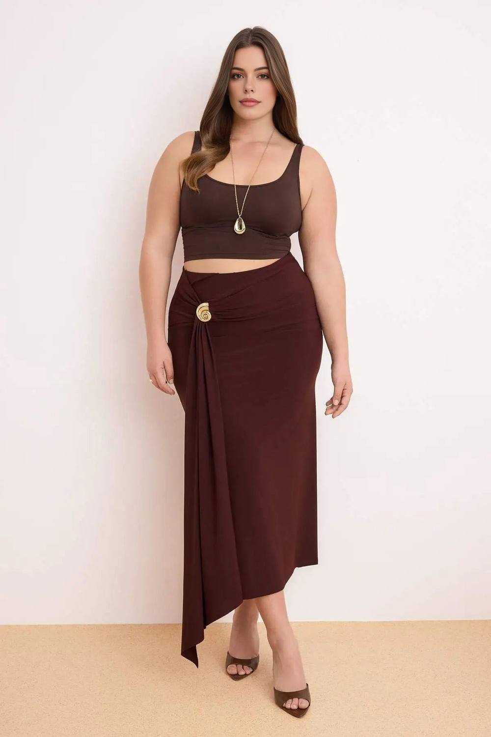 Wovcor High Waist Wrap Detail Midi Skirt With Draped Front Design In Brown