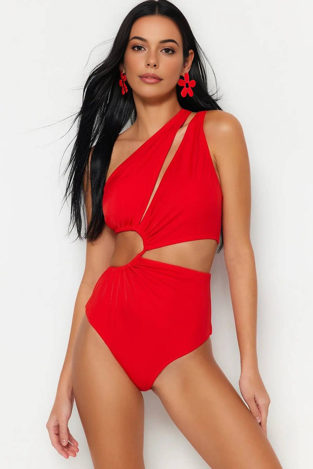 Wovcor One Shoulder Cut Out Detail Swimsuit In Red