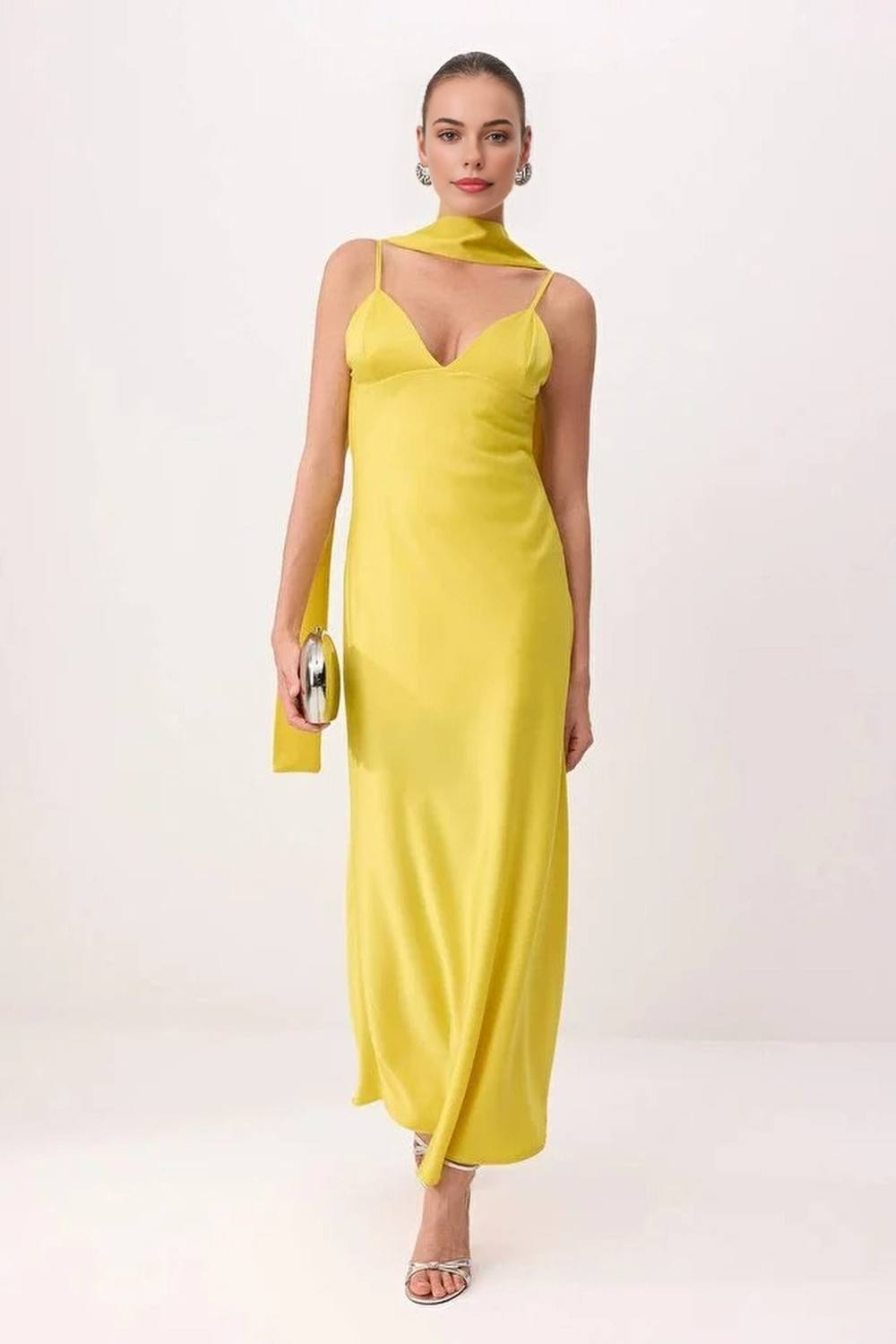 Hoxton Gal Satin Maxi Evening Dress With Spaghetti Straps And Shawl Detail In Yellow