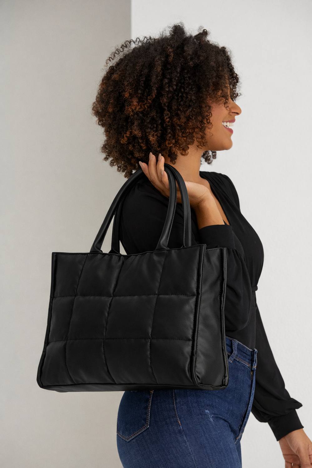 Belissh Women's Quilted Pu Leather Tote Bag with Detachable Strap in Black