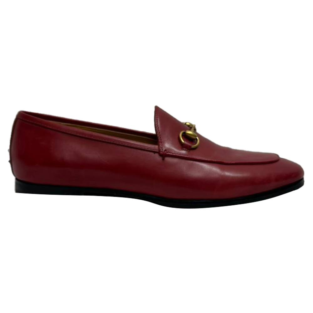 Gucci Women's Preloved Jordaan Loafers in Red Calfskin Leather in Burgundy
