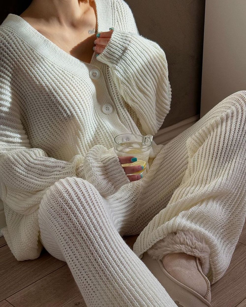 Chunky Knitted Button Up Cardigan Wide Leg Trousers Co-ord Set - SM Cream