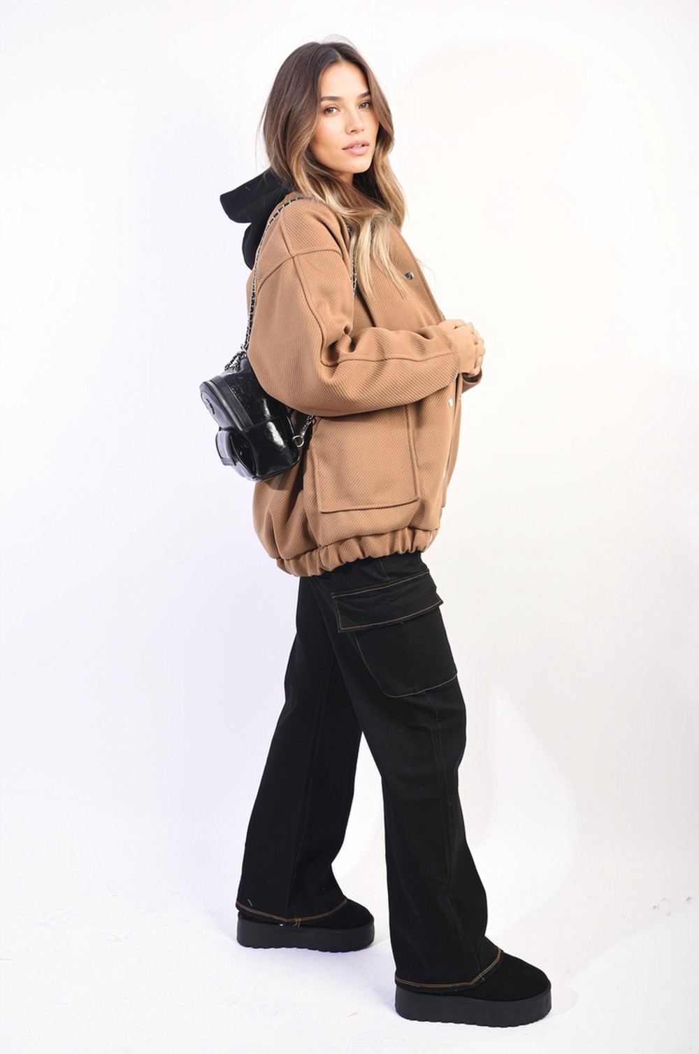 Zoey Drawstring Flap Pocket Wide Leg Cargo Jeans - L Black