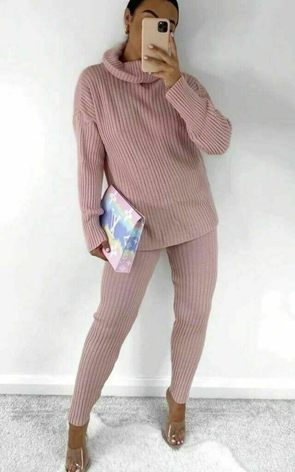 Ladies Chunky Knitted Ribbed Polo High Neck Top Leggings Loungewear Suit Set - One Size - Pink