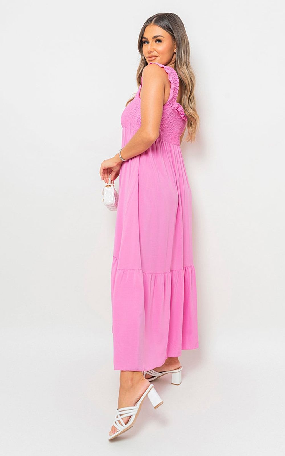 Wide Ruffle Strap Smocked Midi Dress - ML Baby Pnk