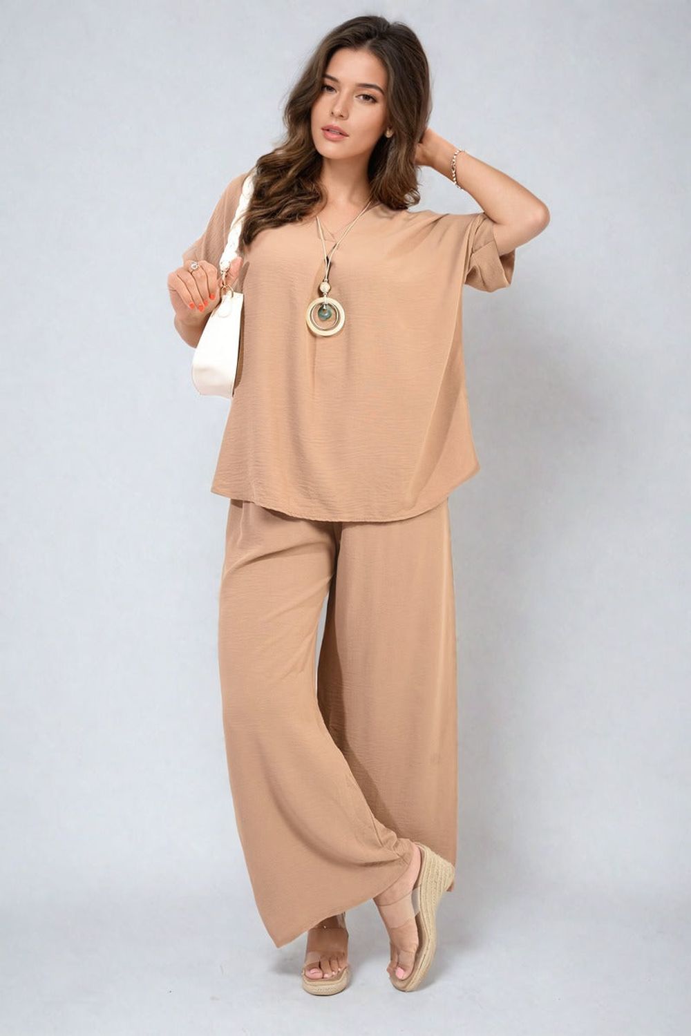 Effortlessly Chic V-Neck Top & Wide Leg Trousers Set - Premium Quality - Various Sizes & Colors - ML Mocha