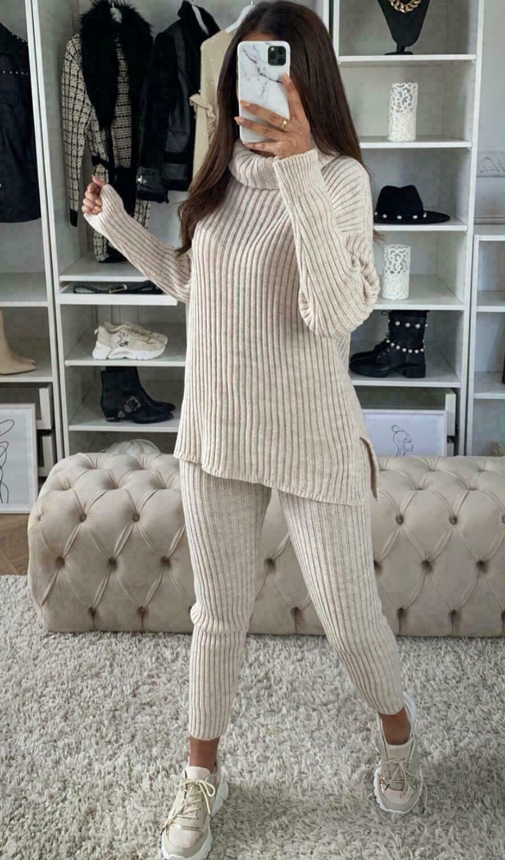 Ladies Chunky Knitted Ribbed Polo High Neck Top Leggings Loungewear Suit Set - One Size - Cream