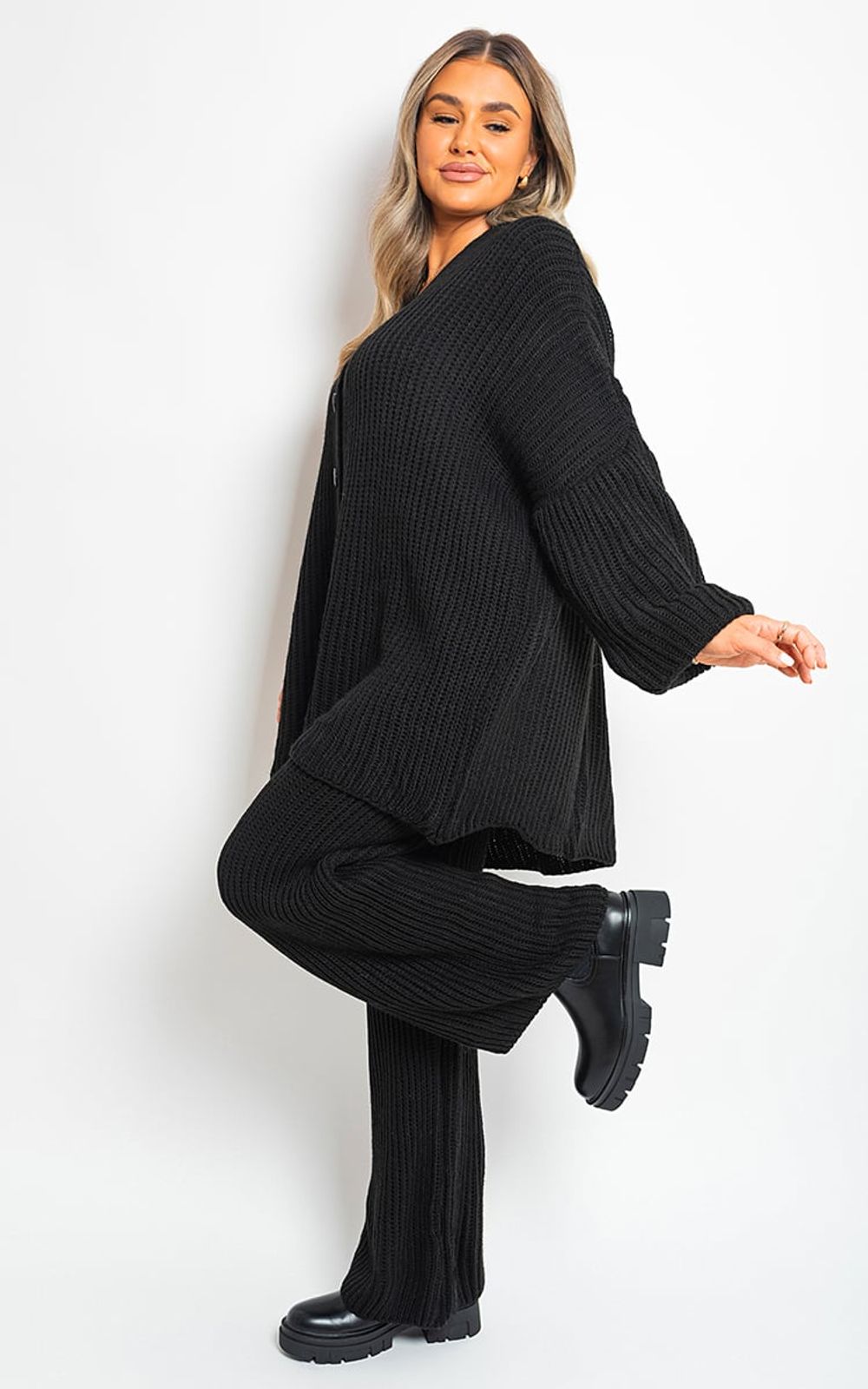 Chunky Knitted Button Up Cardigan Wide Leg Trousers Co-ord Set - ML Black