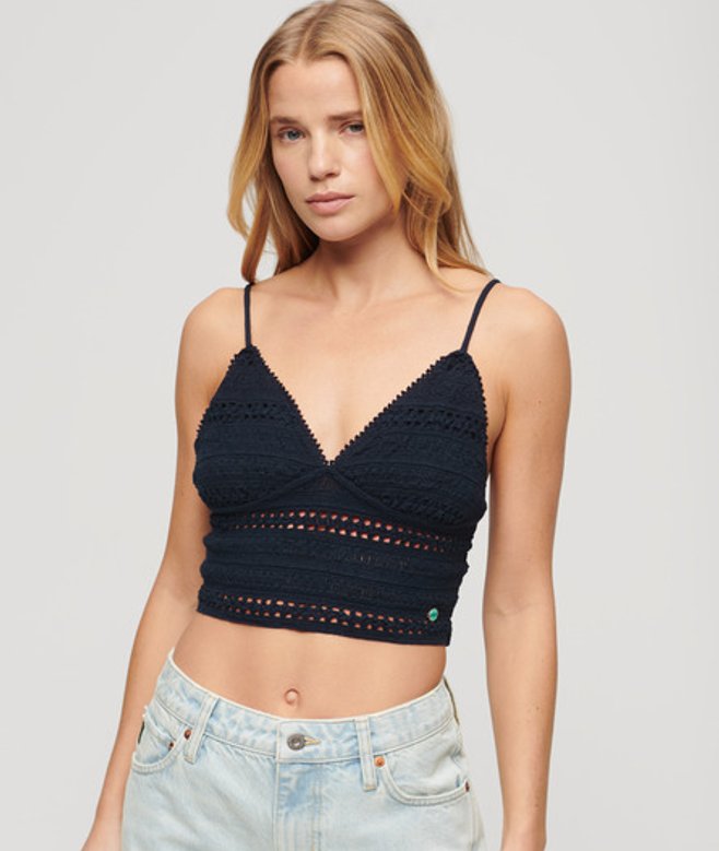 Superdry & Co Women's Lace Detail Cotton Bralette, Navy Blue, Size: