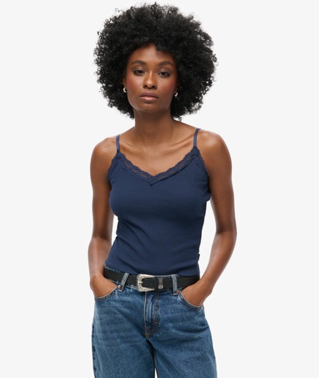 Superdry & Co Ladies Slim Fit Lace Trim Athletic Essential Cami Top, Navy Blue, Size: -