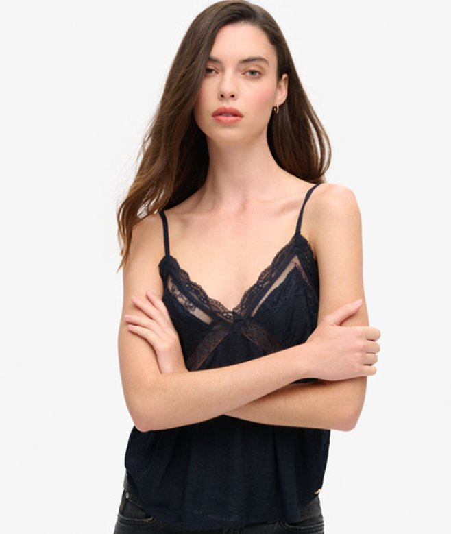 Superdry & Co Women's Ibiza Sheer Lace Cami Top Navy Eclipse Navy - Size: