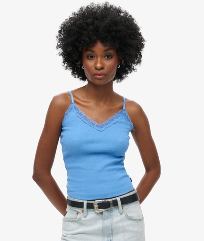 Superdry & Co Women's Organic Cotton Vintage Rib Lace Trim Cami Top Blue Blush Blue Marl - Size: ML