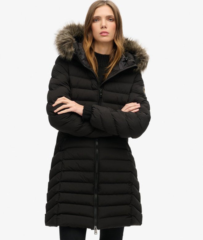 Superdry & Co Women's Fuji Faux Fur Hood Mid Length Puffer Coat Black - Size: