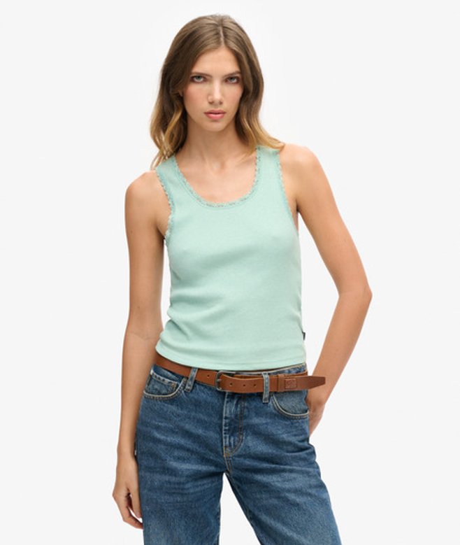 Superdry & Co Women's Athletic Essentials Vintage Lace Trim Vest Top Green Minted Green Marl - Size: SM