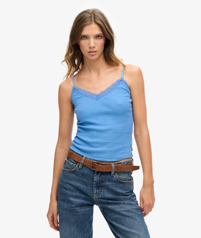 Superdry & Co Women's Organic Cotton Essential Rib Lace Cami Top, Blue, Size: ML