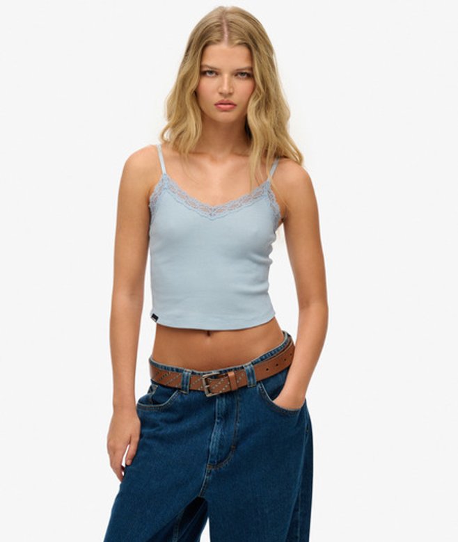 Superdry & Co Women's Athletic Essentials Lace Trim Cropped Cami Top Blue Blue Fog - Size: -