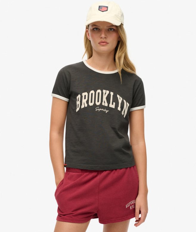 Superdry & Co Women's Slim Fit Athletic Essential Ringer Fitted T Shirt, Dark Grey and Cream, Size: