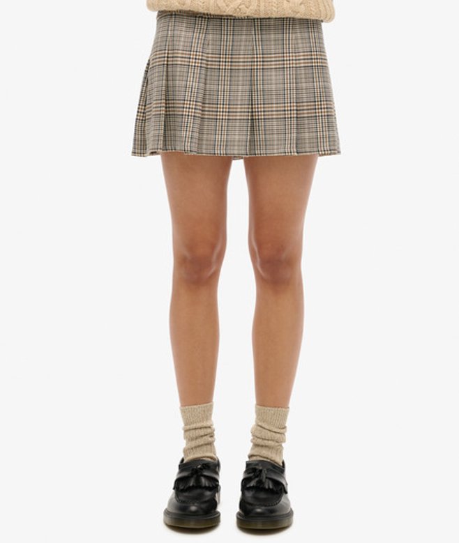 Superdry & Co Ladies Classic Checked Low Rise Pleated Mini Skirt, Beige, Size: