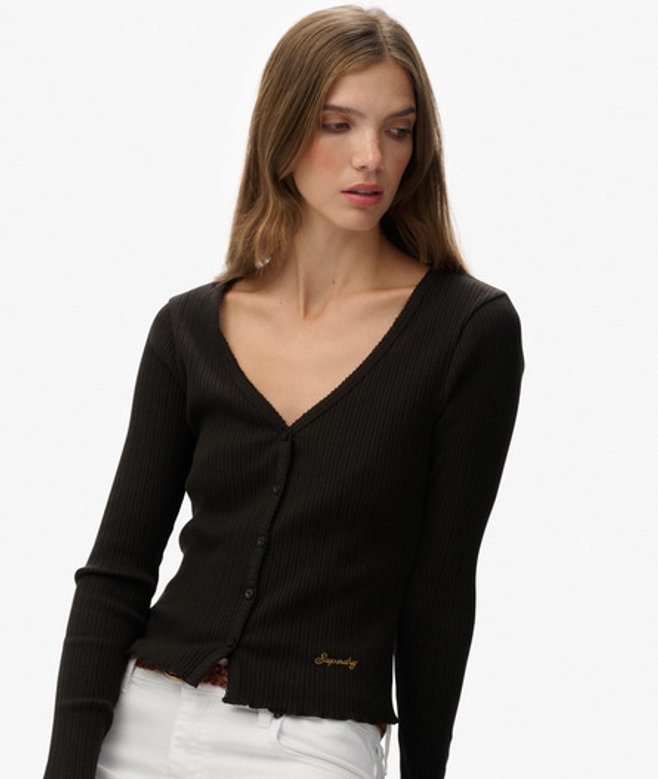 Superdry & Co Women's Essential Button Through Long Sleeve Top Black Bison Black - Size: