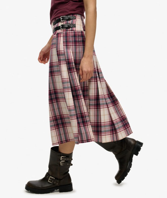 Superdry & Co Women's Check Pleated Midi Skirt Red Berrycream Check - Size:
