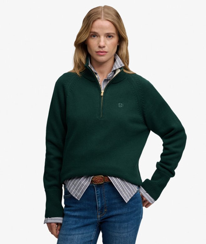 Superdry & Co Women's Classic Cotton Knit Half Zip Jumper Green Dark Pine Green - Size: