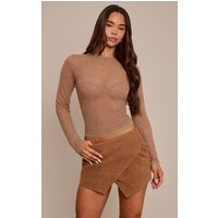 Camel Faux Suede Wrap Mini Skirt