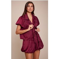 Burgundy Puffball Bow Tie Up Short Pyjamas