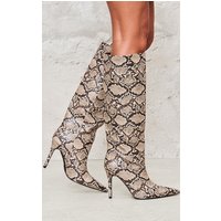 Snake PU Point Toe Stiletto Knee High Heeled Boots, Snake Print