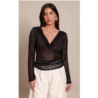 Black Sheer Lace Cowl Neck Long Sleeve Top